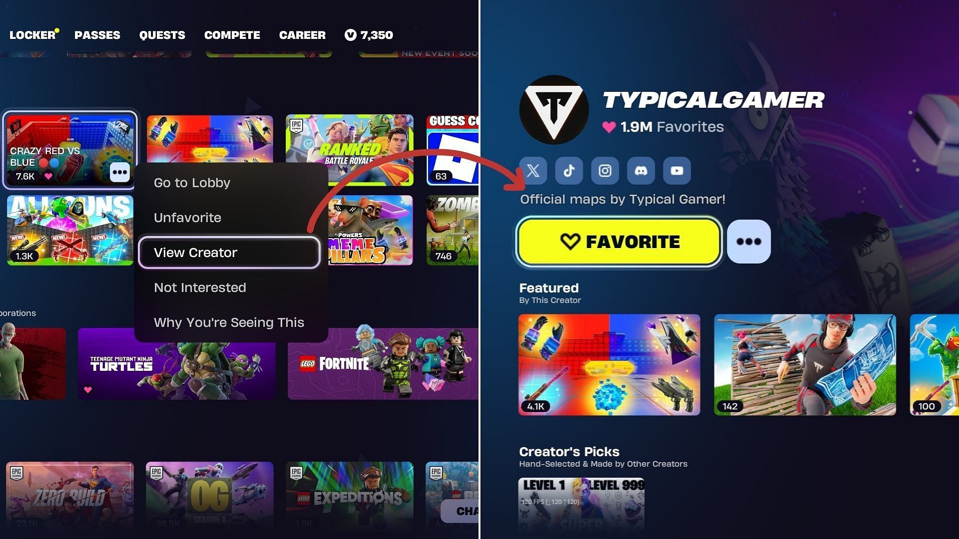Follow these steps to favorite a creator in Fortnite and save them to your account (Image via Sportskeeda Gaming || Epic Games)